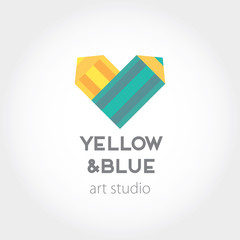 Art design heart yellow and blue pencils abstract vector concept sign symbol