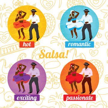 Salsa dancing poster for the party. Cuban couple, palms, musical instruments