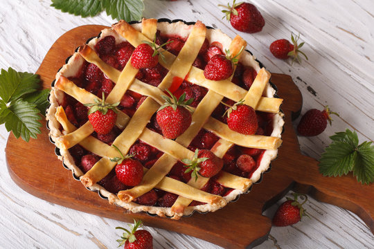 homemade strawberry tart in a baking dish horizontal top view
