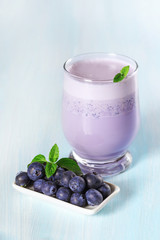 Milk cocktail with ripe blueberries.