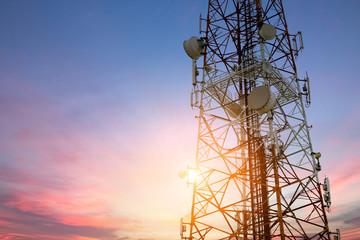 Satellite dish telecom network at sunset communication technolog - 85196479