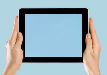 Tablet, hand, phone.