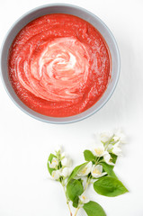 Delicious soup made of baked beetroot with cream