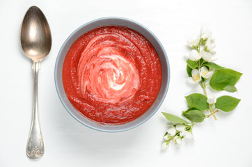 Delicious soup made of baked beetroot with cream