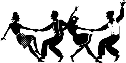 Vector silhouette of two young couple dressed in 1940s fashion dancing lindy hop or swing in a formation, isolated on white, no white objects, EPS 8