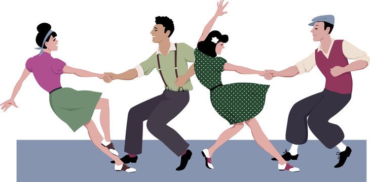 Two young couple dressed in 1940s fashion dancing lindy hop or swing in a formation, vector illustration, isolated on white, no transparencies, EPS 8