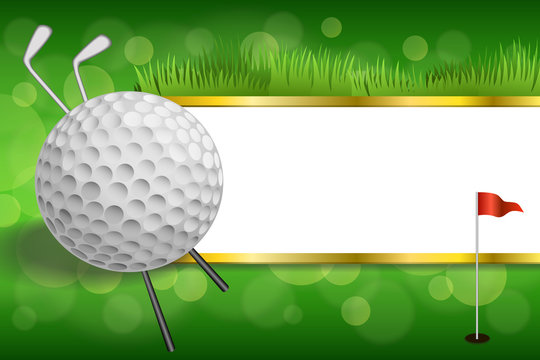 Green golf club sport white ball red flag gold strips frame 