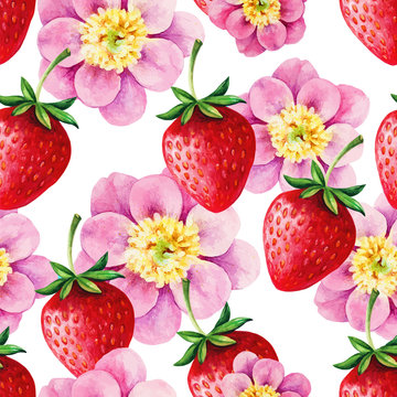 Strawberry And Peony Hand Drawn Watercolor Seamless Pattern