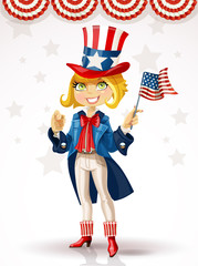 Cute blond girl in a suit of Uncle Sam
