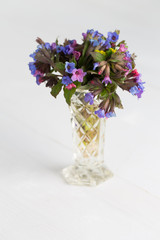 A ground glass vase full of pulmonaria flowers on white backgrou