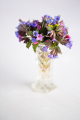 A ground glass vase full of pulmonaria flowers on white backgrou