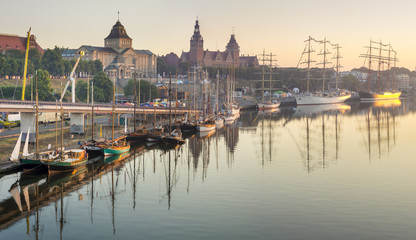  sailing ships moored at the wharf ,Haken terraces,Szczecin,Poland  - obrazy, fototapety, plakaty