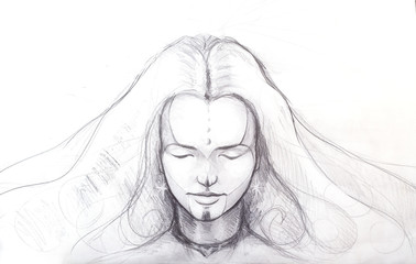 Pencil drawing of beautiful meditation girl, and tattoo on face.