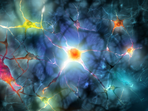 Illustration of a nerve cell with light effects