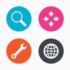 Magnifier glass and globe signs. Fullscreen.