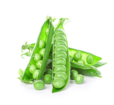 Fresh green peas pods isolated on white background