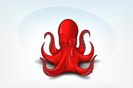 Isolated orange octopus with shadow. Hand drawn original close up vector illustration or icon. Template for poster, flyer, print, tattoo, logo or symbol