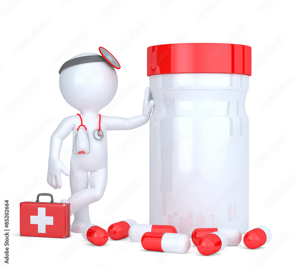 Poster 3d medic with pill box. isolated. contains clipping path of bottle and entire scene.