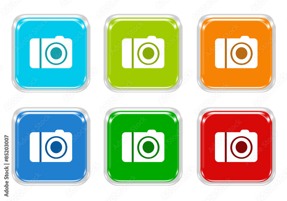 Aufkleber set of squared colorful buttons with camera symbol