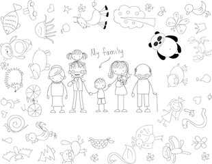 Vector children's doodle of happy family