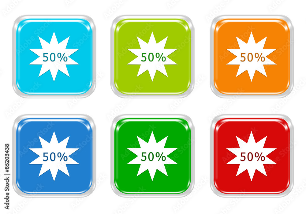 Poster set of squared colorful buttons with discount symbol