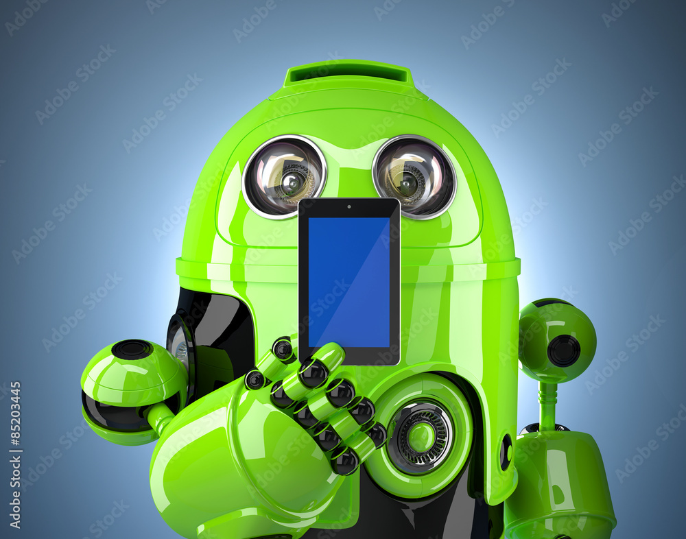 Poster green robot with phone. contains clipping path of phone and entire scene.