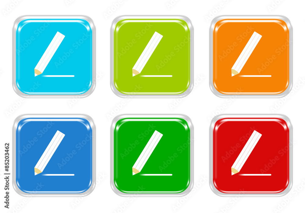 Poster set of squared colorful buttons with pencil symbol