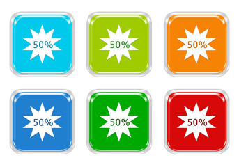 Set of squared colorful buttons with discount symbol