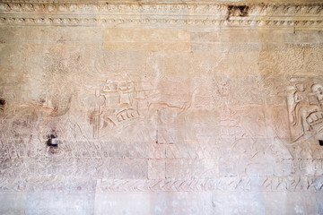 Historic Khmer bas-relief at Angkor Wat temple, Cambodia. A part of whole long image. Number 9