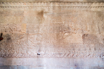 Historic Khmer bas-relief at Angkor Wat temple, Cambodia. A part of whole long image. Number 3