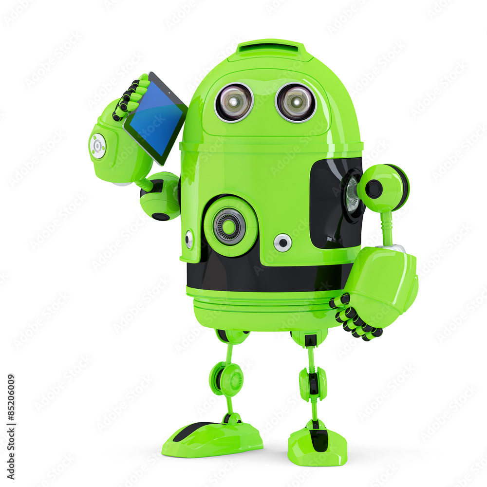 Poster robot with mobile phone. isolated. contains clipping path
