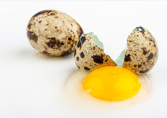 Two broken quail eggs on white background