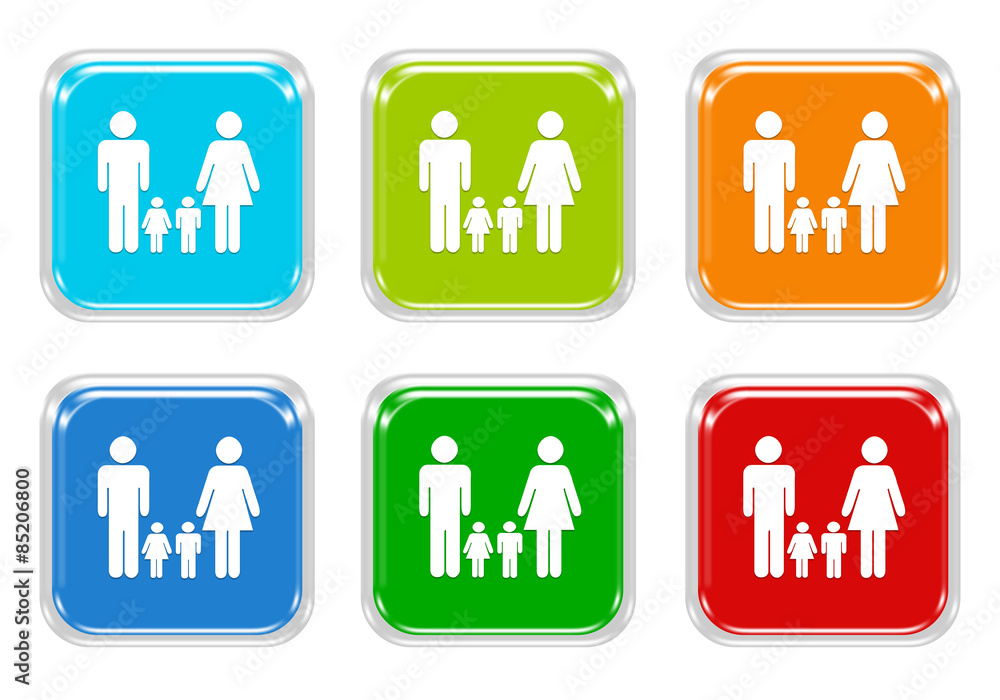 Poster set of squared colorful buttons with family symbol