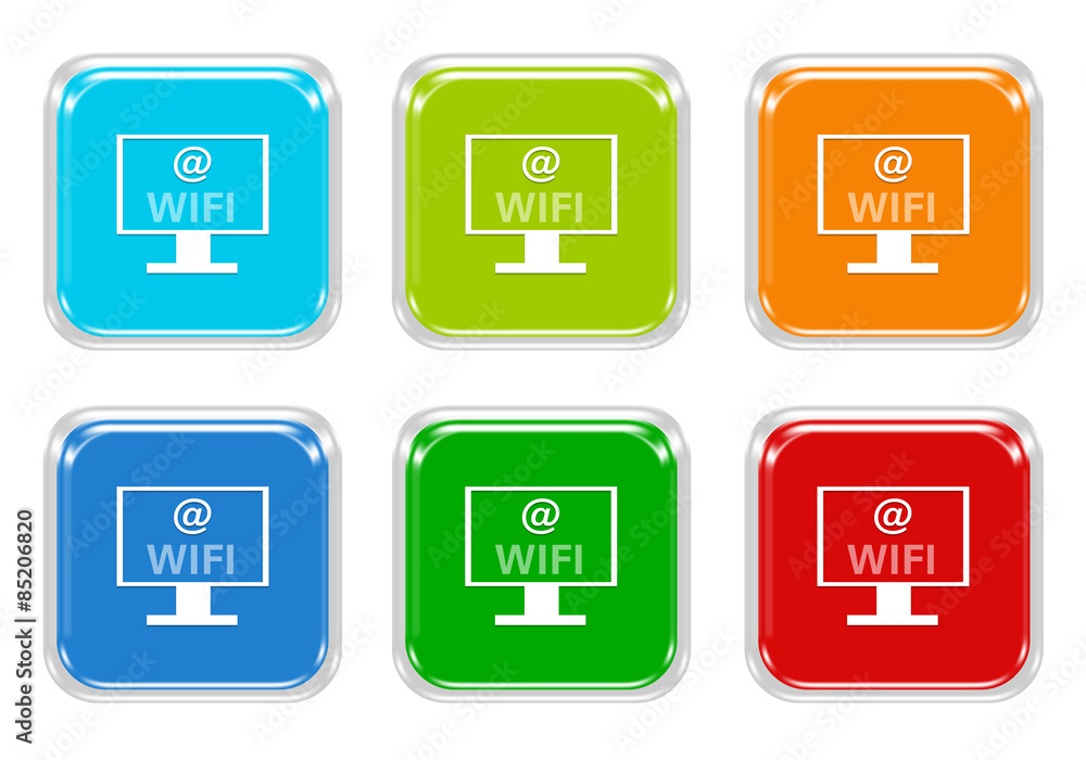 Poster set of squared colorful buttons with wifi symbol