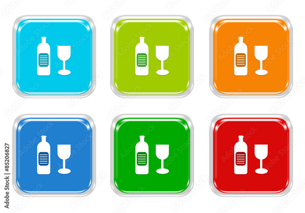 Poster set of squared colorful buttons with drink symbol