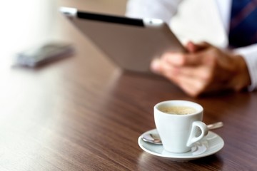 Tablet, cafe, man.