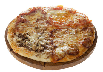 Classic pizza with meat products, mushrooms and cheese. Isolated on white.