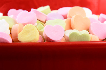 Assorted Candy Hearts in Red Candy Bowl