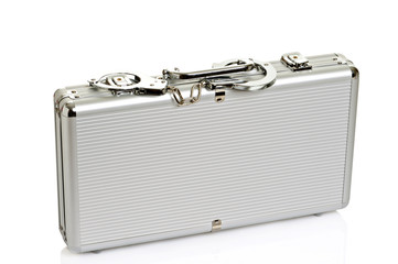 Aluminum suitcase, isolated white background.