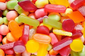 Close up of a pile of colorful chocolate coated candy