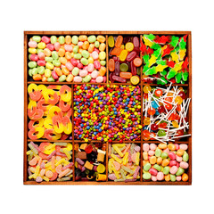 Assorted candy sweets in a wooden box