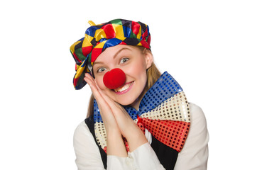 Pretty female clown isolated on white