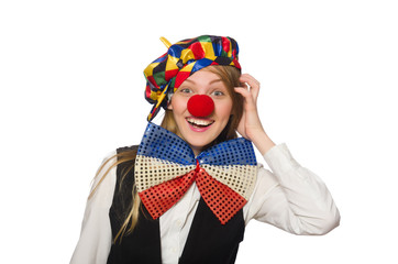 Pretty female clown isolated on white