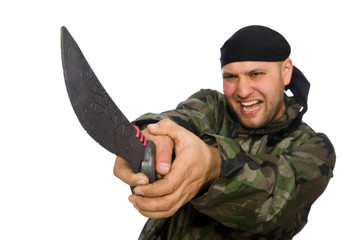 Young man in soldier uniform holding knife isolated on white