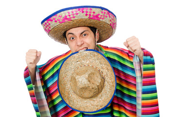 Funny mexican wearing poncho isolated on white
