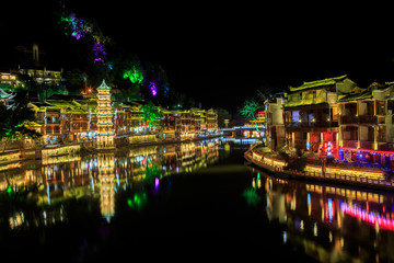 night scene of Fenghuang (Phoenix) ancient town Hunan China