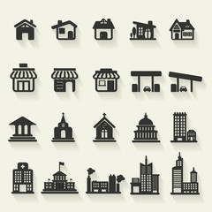 Silhouette house, church, shop, building, flat icon vector set