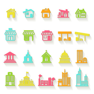Colorful house, church, shop, building, flat icon vector set 