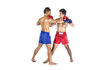 Two thai boxers exercising traditional martial art