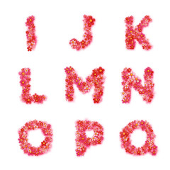 English floral alphabet. Bright font, letters, flowers. Vector